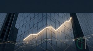 Fachada de edifício corporativo reflete gráfico ascendente e rede de conexões digitais, em alusão ao semestre recorde do crowdfunding de investimento.
