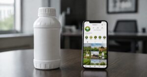 Frasco genérico de defensivo agrícola ao lado de um celular exibindo um perfil fictício do setor nas redes sociais, em ambiente corporativo.